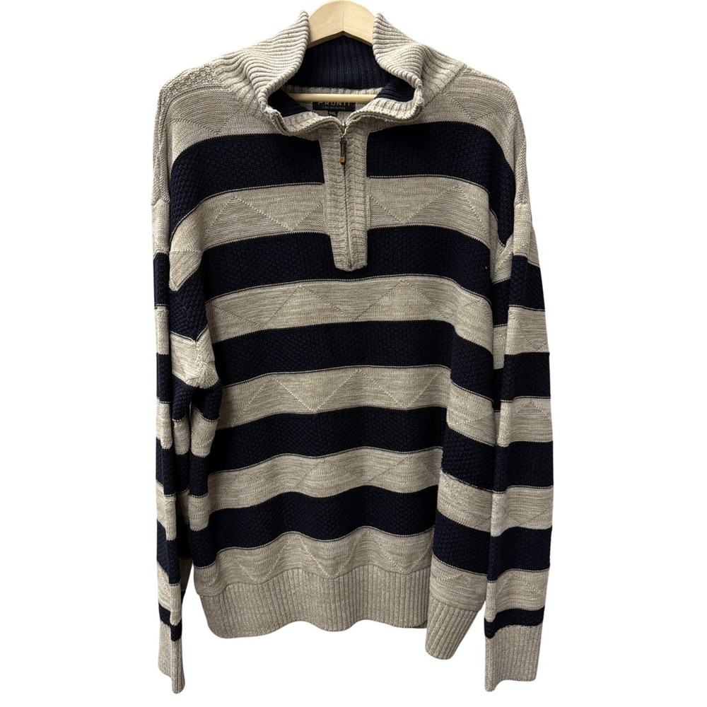 Pronti Quarter Zip Sweater Mens 5XL Beige Navy Blue Striped Knit Pullover